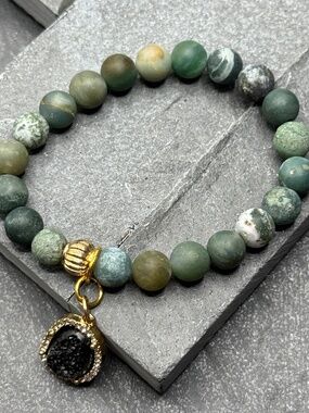 Agate Gemstone Bracelet: Green Earth Tones, Gold Charm, Handmade & Designed